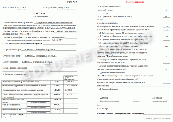 Образец заполнения формы № 8 в военкомат